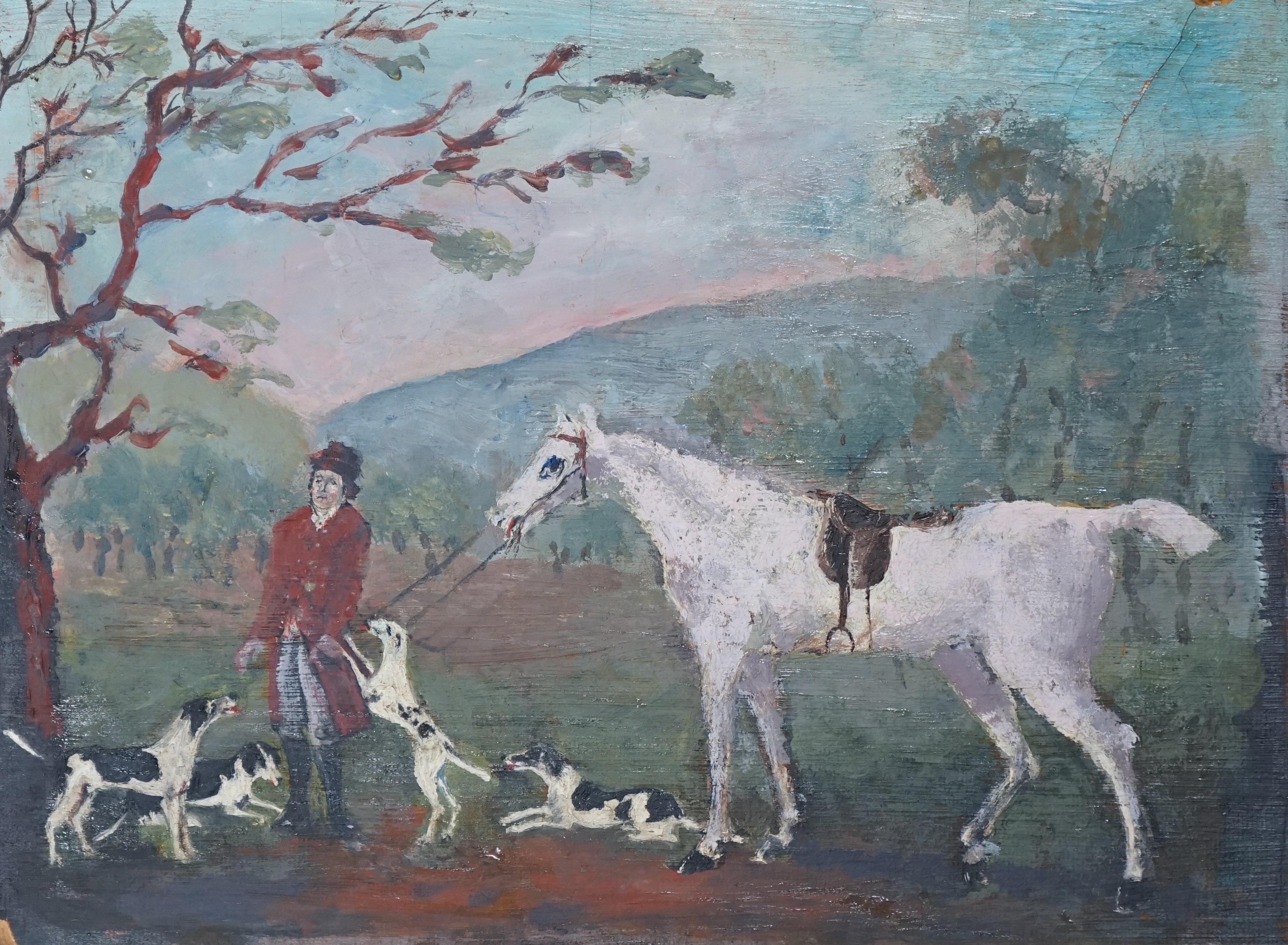 Late 19th century, naive oil on board, Huntsman with hounds before a landscape, 16 x 22cm, gilt framed. Condition - poor to fair